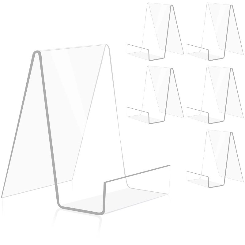 trophable 6 Pack Acrylic Book Stand Thickened Clear Book Display Easel Holder for Displaying Tablets Newspaper Magazines Notebooks Textbooks CDs (Clear-Large) - Image 1